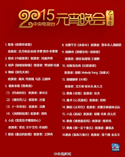 春晚姊妹央视元宵晚会节目单终极版曝光